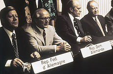 V.li. Helmut Schmidt (Bundesrepublik Deutschland), Erich Honecker (DDR), Gerald Ford (USA) und Bruno Kreisky (Oesterreich), auf KSZE in Helsinki, 30. Juli 1975, picture-alliance / akg-images