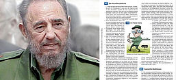 Revolutionsführer Fidel Castro (Wiki Commons) und das Arbeitsblatt "Fidel Castro – Tod eines Revolutionärs" für Politik und Geschichte im Schroedel Verlag (Screenshot)