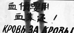 Auf der Abbildung sind ein kyrillische und ein chinesischer Schriftzug. Übersetzt heißen diese "Blut für Blut"