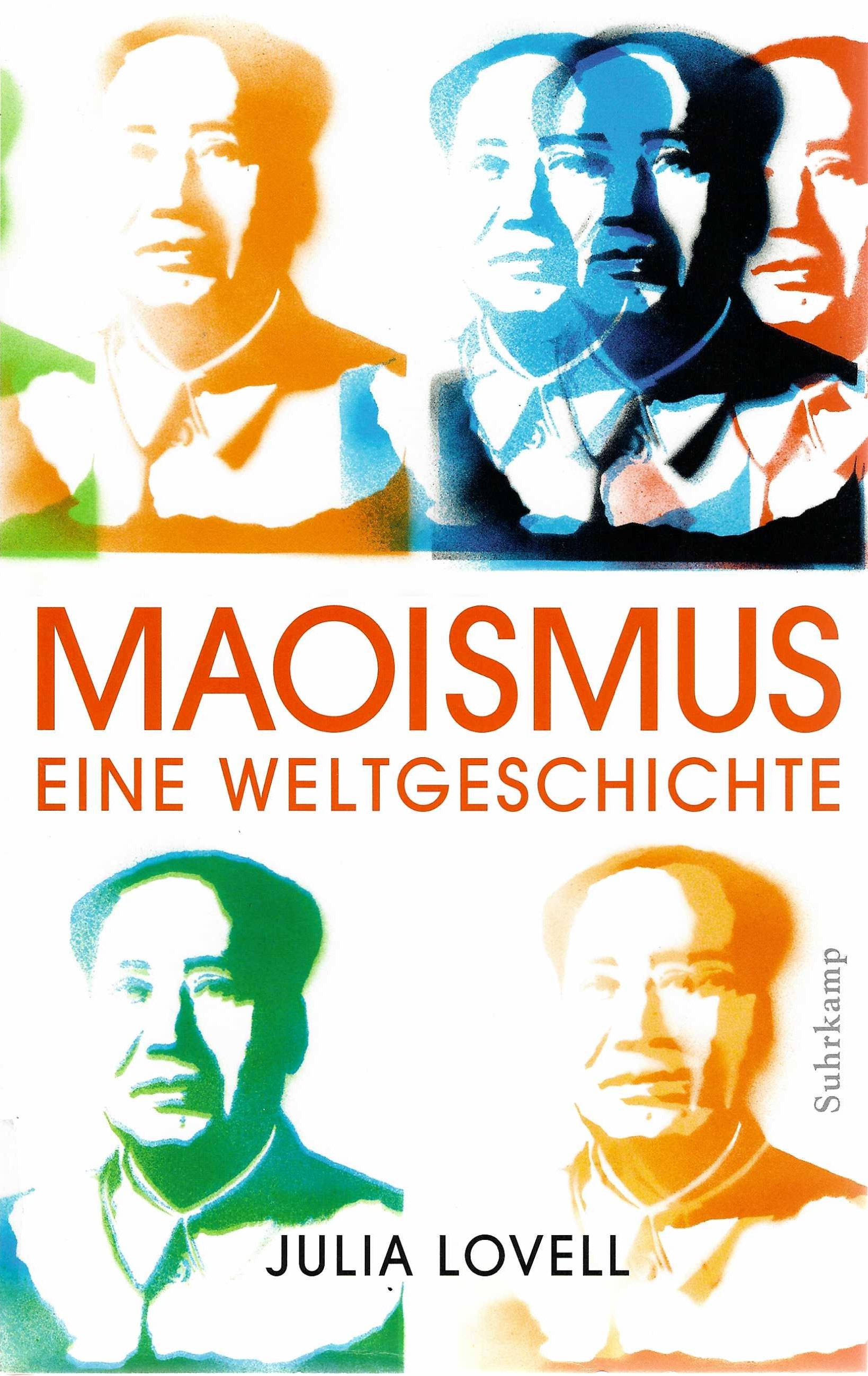 Auf dem Buchcover ist die Büste Maos vielfach abgebildet und in verschiedenen Farbtönen, in Blau, Grün und Orange, eingefärbt und stilisiert. 
