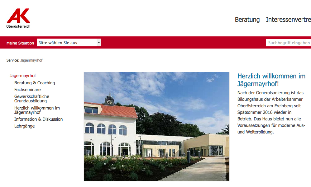 Der Veranstaltungsort, das AK-Bildungshaus Jägermayrhof. Screenshot von der Website.