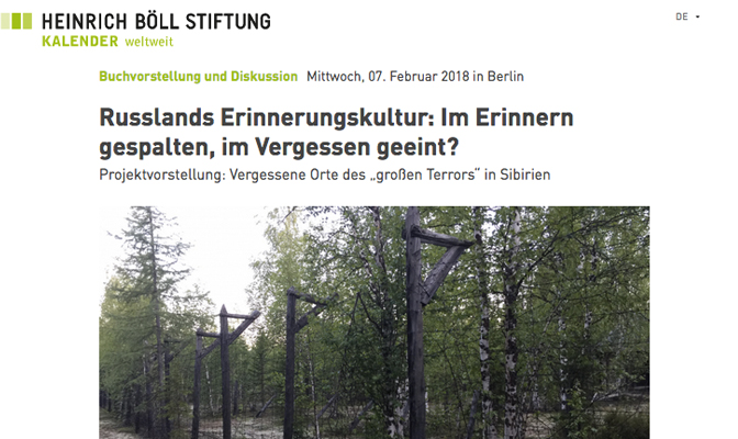 "Russlands Erinnerungskultur: Im Erinnern gespalten, im Vergessen geeint?" Ankündigung der Veranstaltung im Kalender der Heinrich Böll Stiftung, Screenshot von der Website