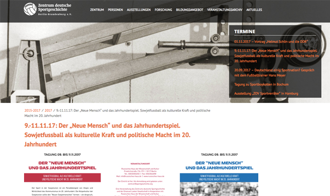 Der "Neue Mensch" und das Jahrhundertspiel: Ankündigung der Konferenz auf der Website des Zentrum deutsche Sportgeschichte, Screenshot von der Website.