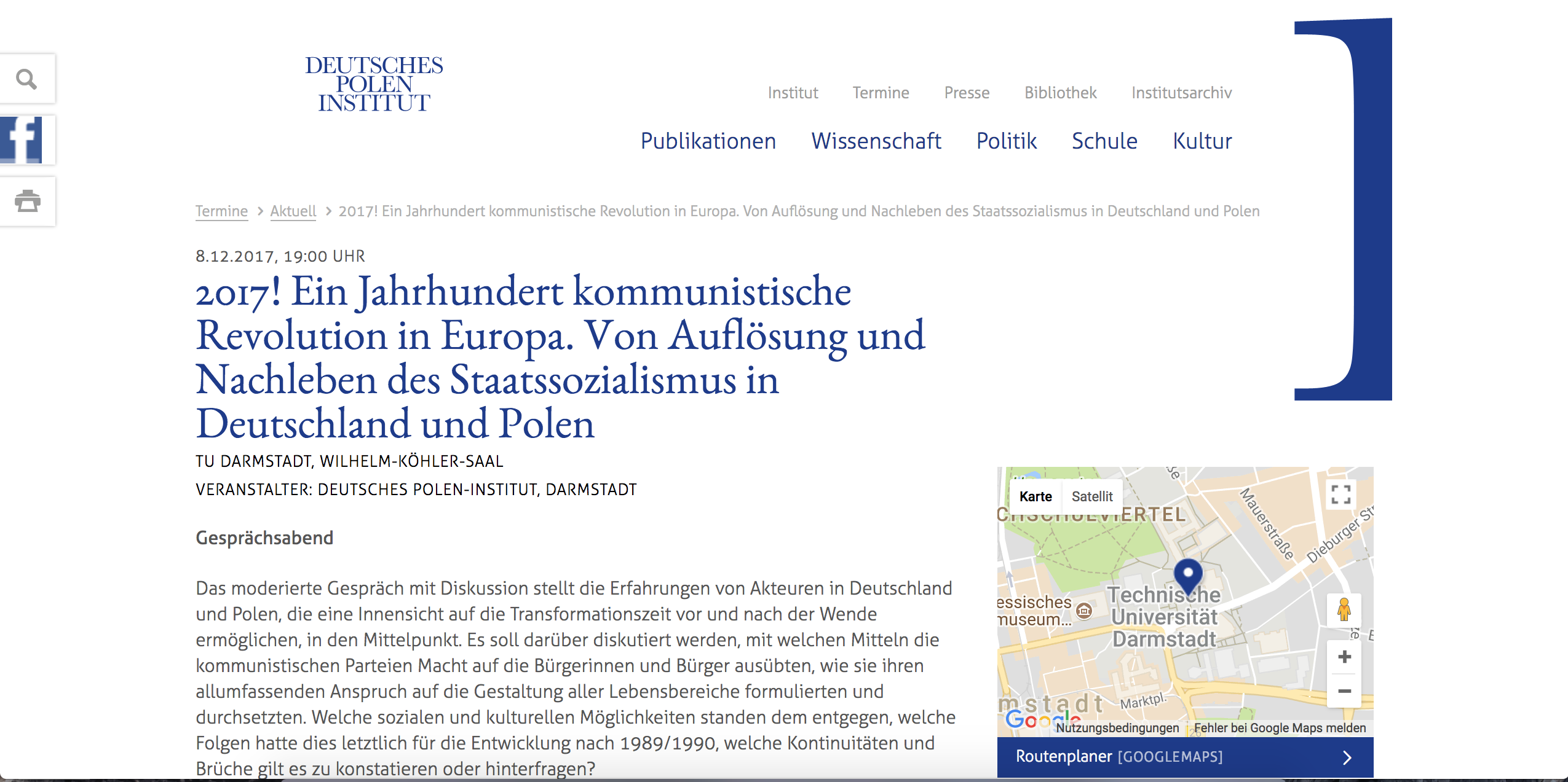 Screenshot der Veranstaltungsankündigung auf der Website des DPI