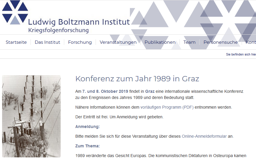 Ankündigung der Veranstaltung „1989: Abbau des Eisernen Vorhangs – Ende des Kommunismus?", Screenshot von bik.ac.at