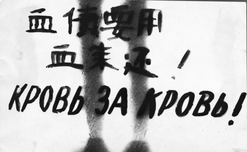 Auf der Abbildung sind ein kyrillische und ein chinesischer Schriftzug. Übersetzt heißen diese "Blut für Blut"