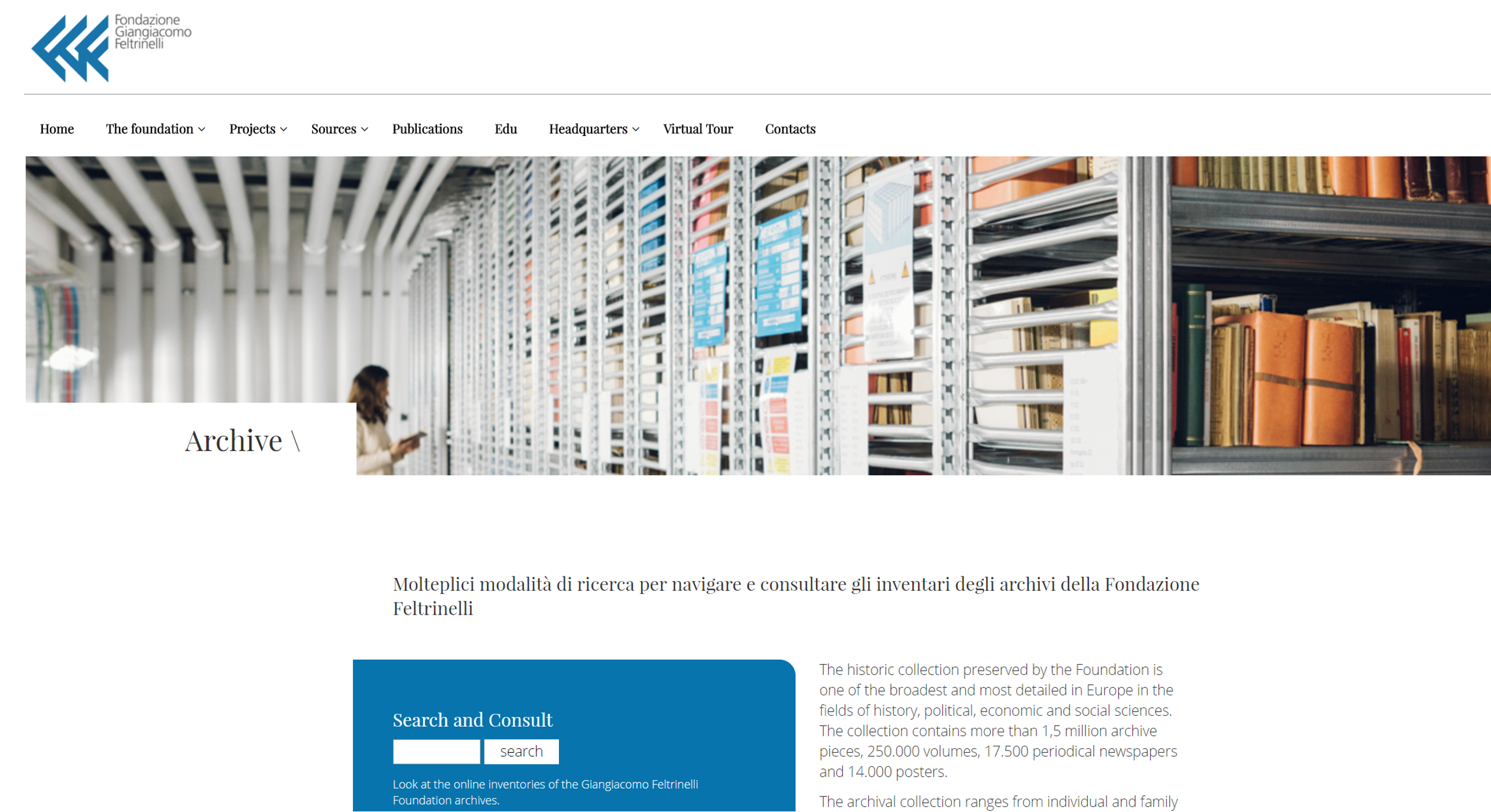 Screenshot der Webseite http://fondazionefeltrinelli.it/en/archive/