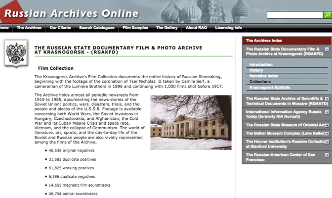 Internetauftritt des "Russian State Documentary Film and Photo Archive at Krasnogorsk", Screenshot von der Website