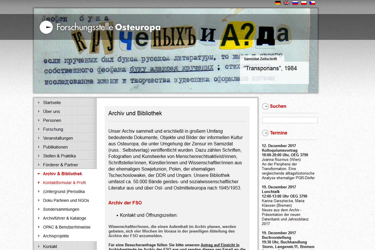 Screenshot der Website der Forschungsstelle Osteuropa 