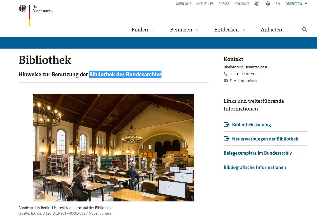 Screenshot der Website der Bibliothek des Bundesarchivs