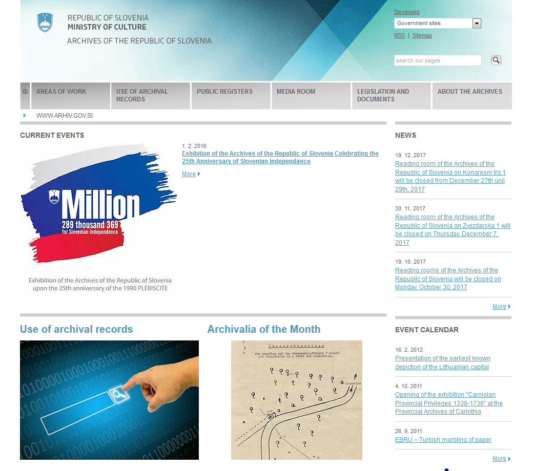 Screenshot der Website des Archivs der Republik Slowenien