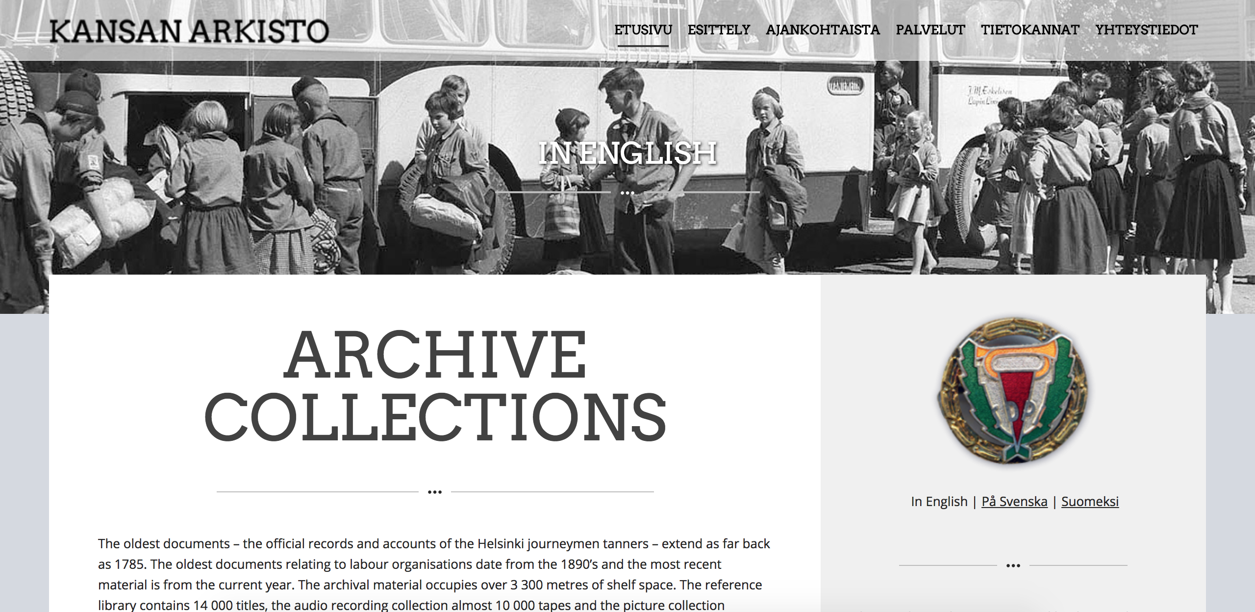 Screenshot der Website des Kansan Arkisto