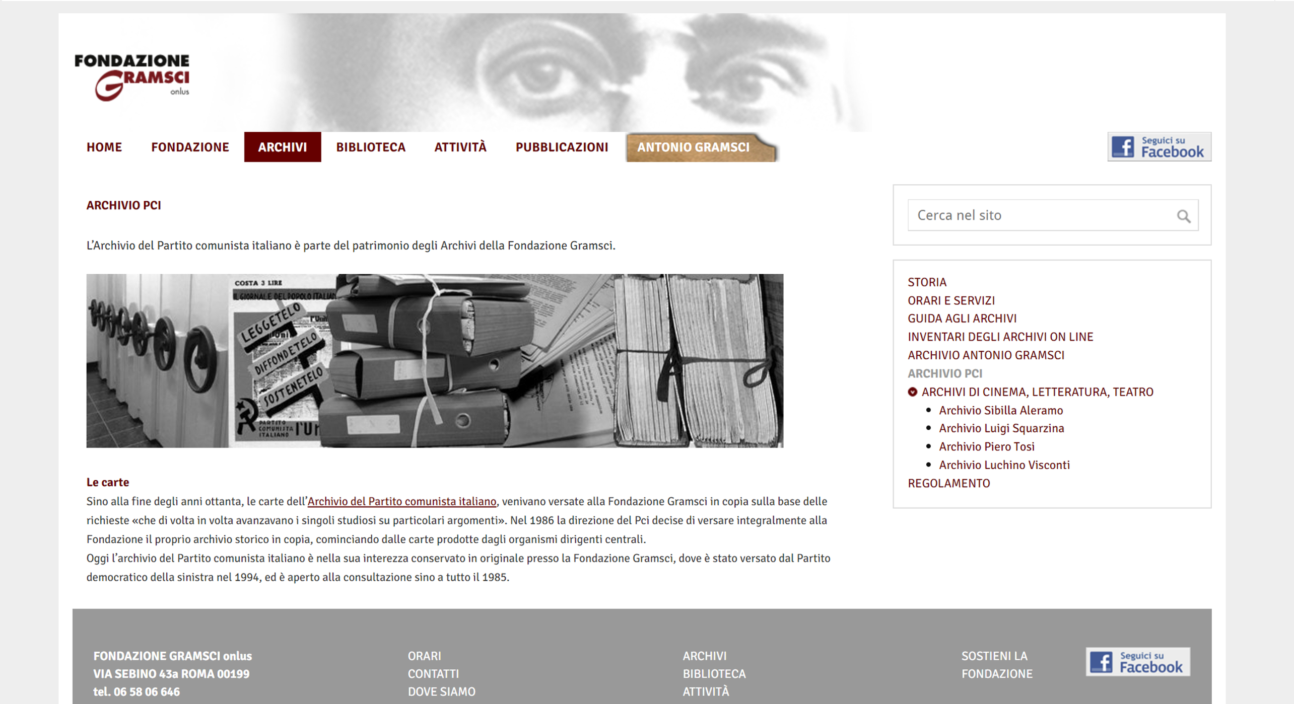Screenshot der Webseite http://www.fondazionegramsci.org/archivi/archivio-pci/
