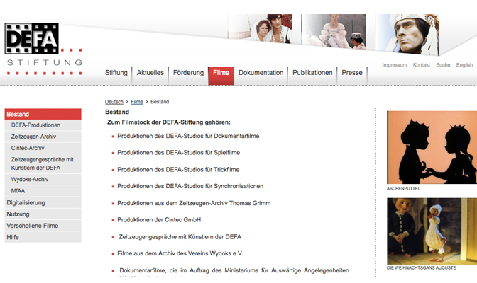 Die Filmdatenbank der DEFA-Stiftung, Screenshot von der Website
