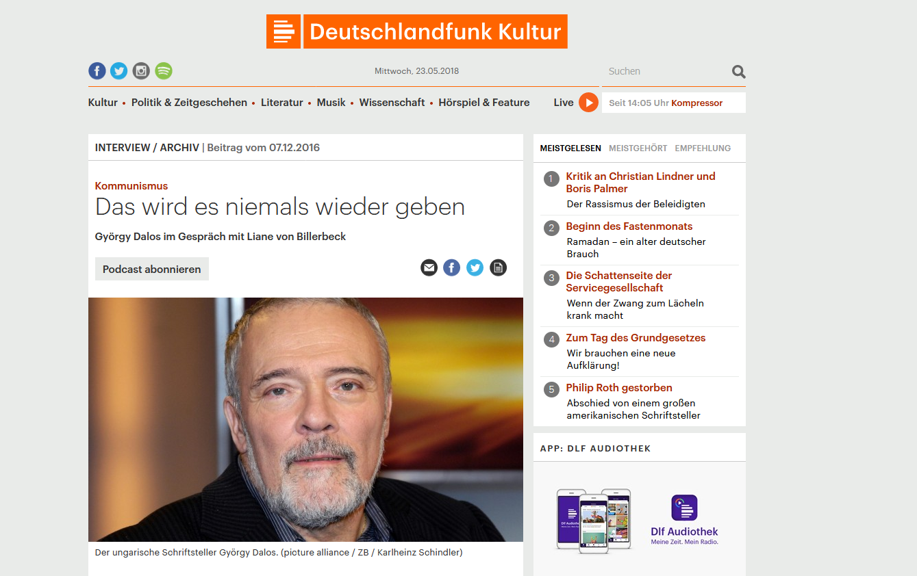 Screenshot von Website auf Deutschlandfunkkultur.de:  Kommunismus: Das wird es niemals wieder geben. György Dalos im Gespräch mit Liane von Billerbeck 
