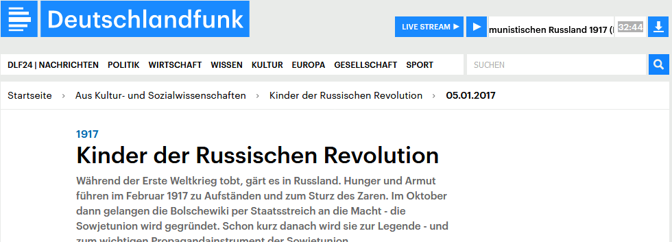 Screenshot der Webseite zu 1917. Kinder der Russischen Revolution von Deutschlandfunk