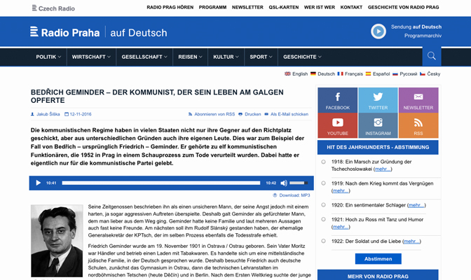 Bedřich Geminder – der Kommunist, der sein Leben am Galgen opferte, Screenshot von der Website der Audiothek des Radio Praha