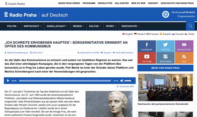 Ich schreite erhobenen Hauptes: Bürgerinitiative erinnert an Opfer des Kommunismus, Screenshot von der Website der Audiothek des Radio Praha