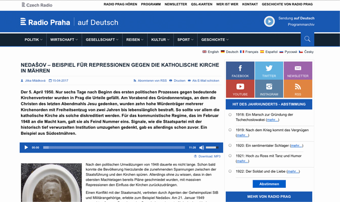  Nedašov – Beispiel für Repressionen gegen die katholische Kirche in Mähren, Screenshot von der Website der Audiothek des Radio Praha