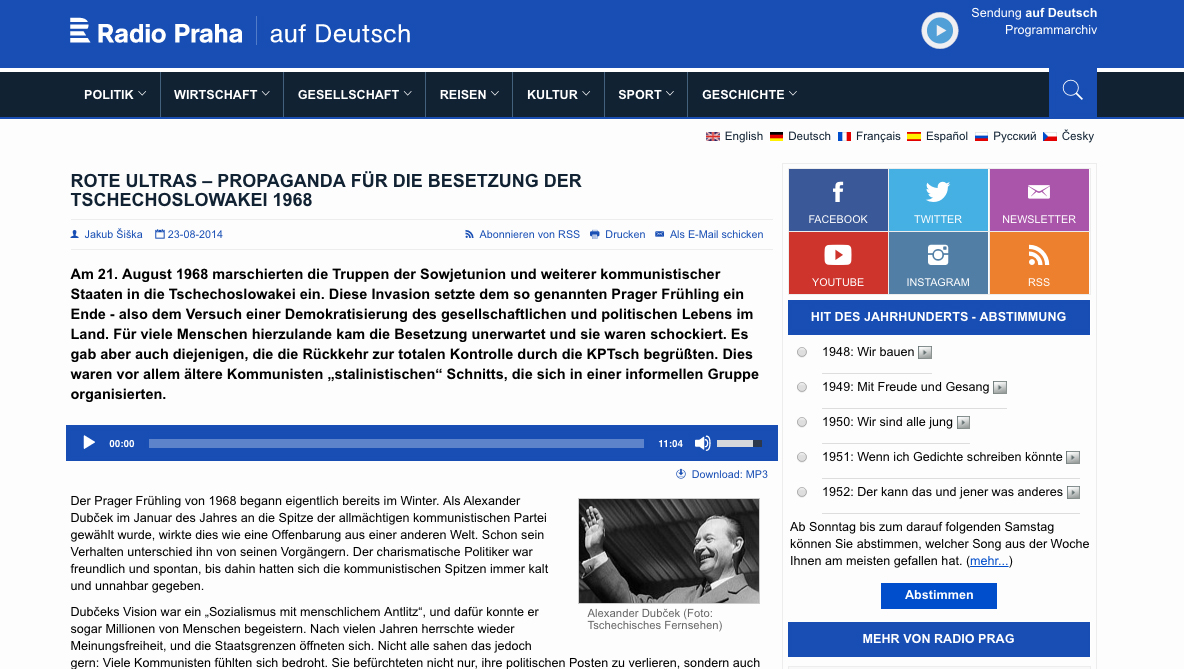Rote Ultras: Propaganda für die Besetzung der Tschechoslowakei 1968, Screenshot von der Website der Audiothek des Radio Praha
