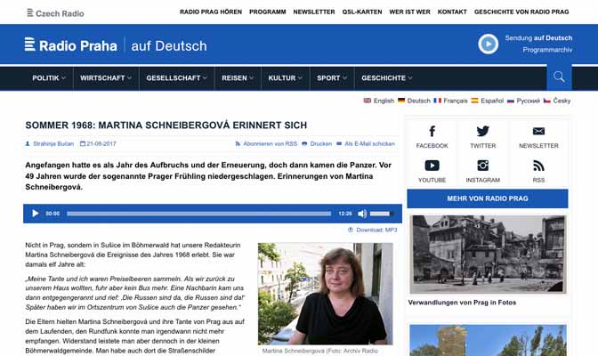 Radiofeature: Sommer 1968: Martina Schneibergová erinnert sich, Screenshot von der Website des Radio Praha