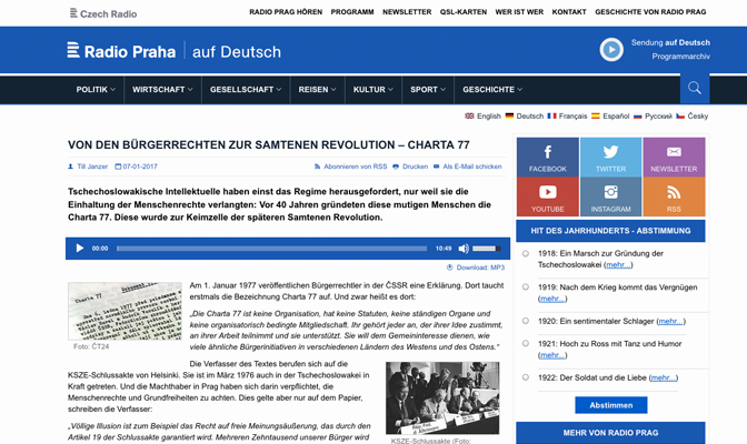 Von den Bürgerrechten zur Samtenen Revolution – Charta 77, Screenshot von der Website der Audiothek des Radio Praha
