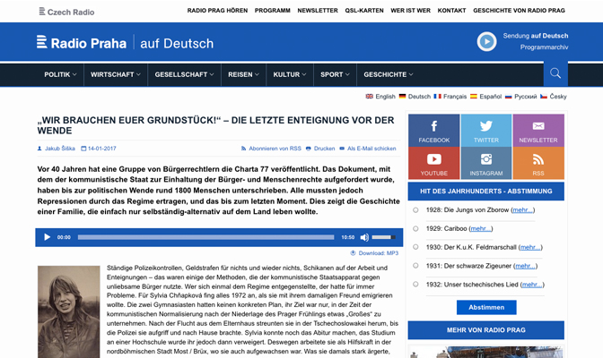   Der Beitrag „Wir brauchen euer Grundstück!" – die letzte Enteignung vor der Wende, Screenshot von der Website der Audiothek des Radio Praha