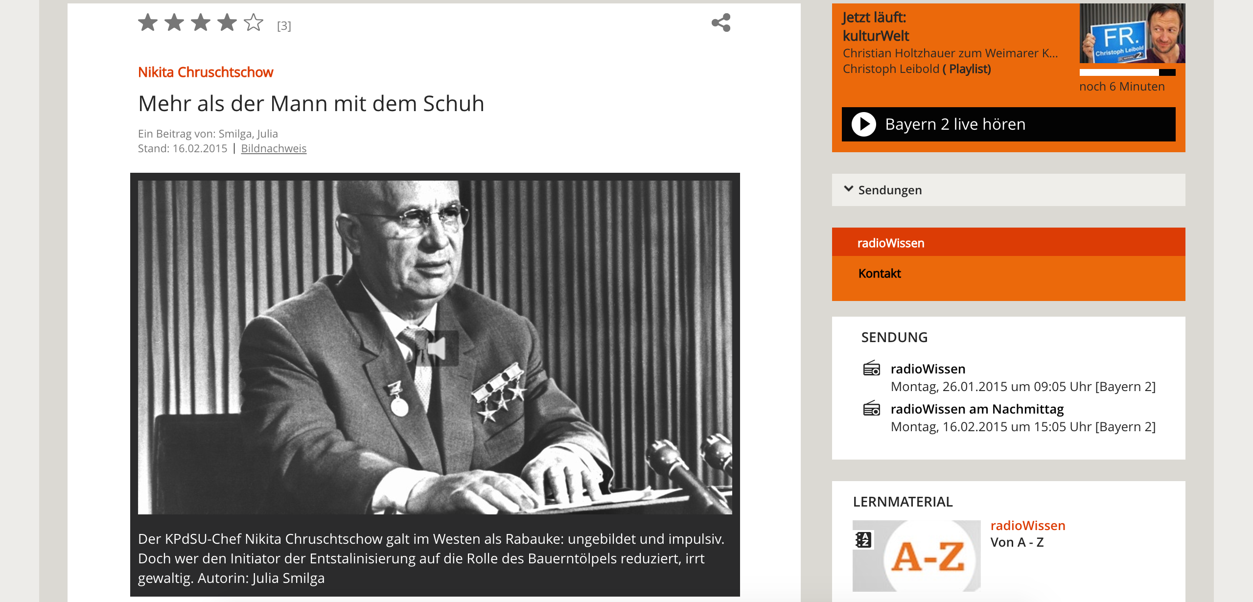 Screenshot der Sendungsseite des Features "Nikita Chruschtschow: Mehr als der Mann mit dem Schuh"