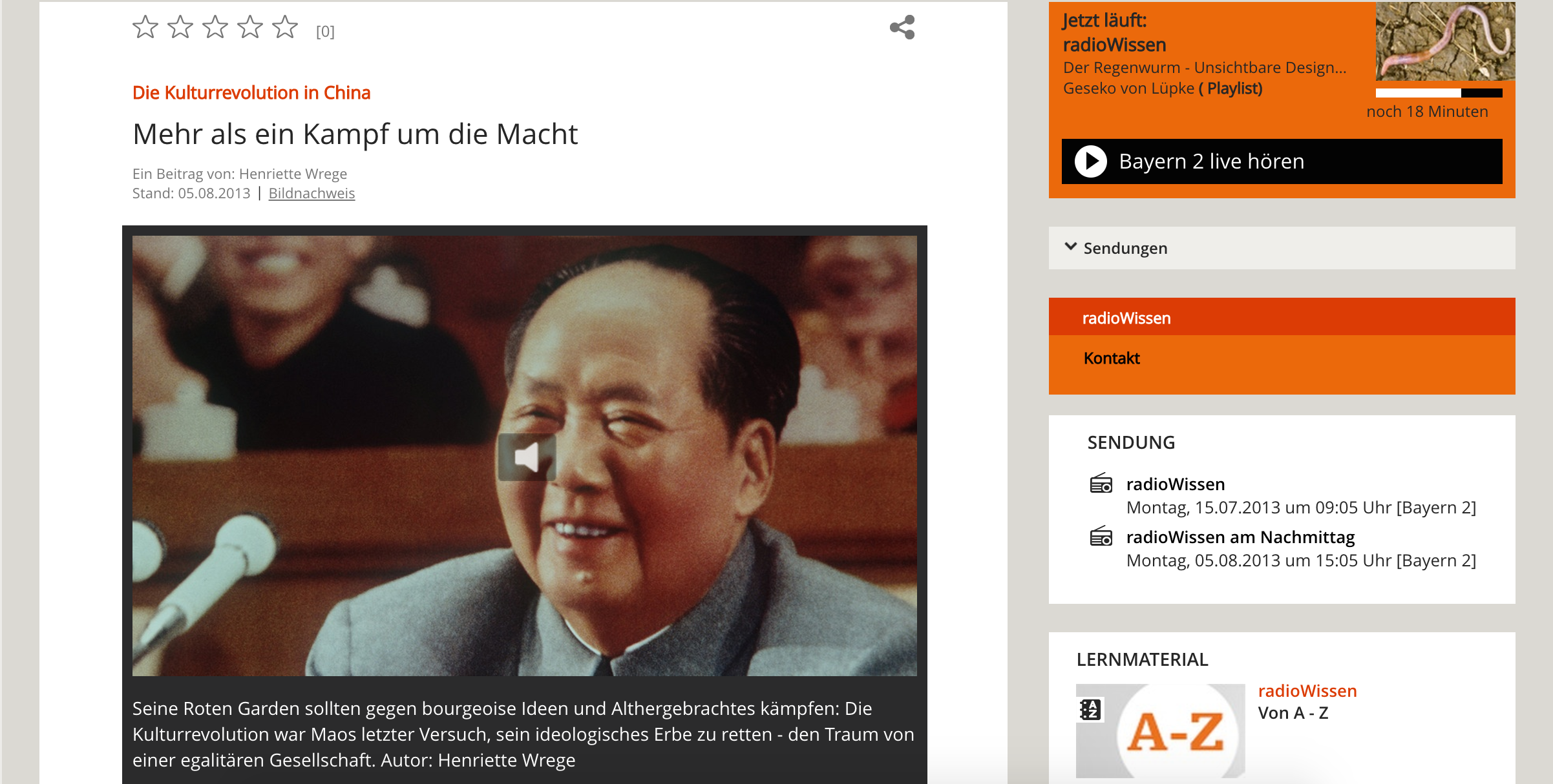 Screenshot des Features "Die Kulturrevolution in China" auf Bayern 2