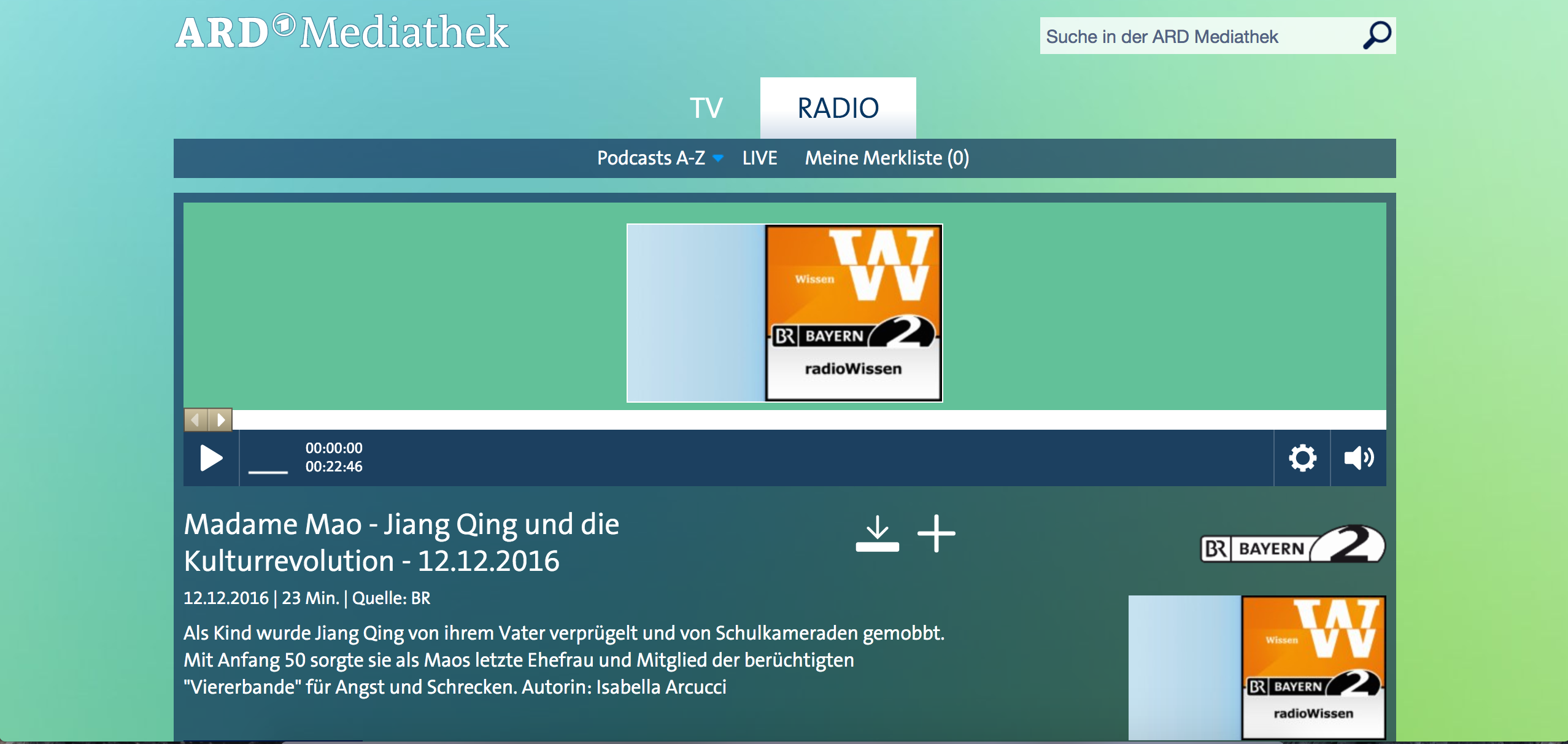 Screenshot des radioWissen-Features "Madame Mao" in der ARD Mediathek