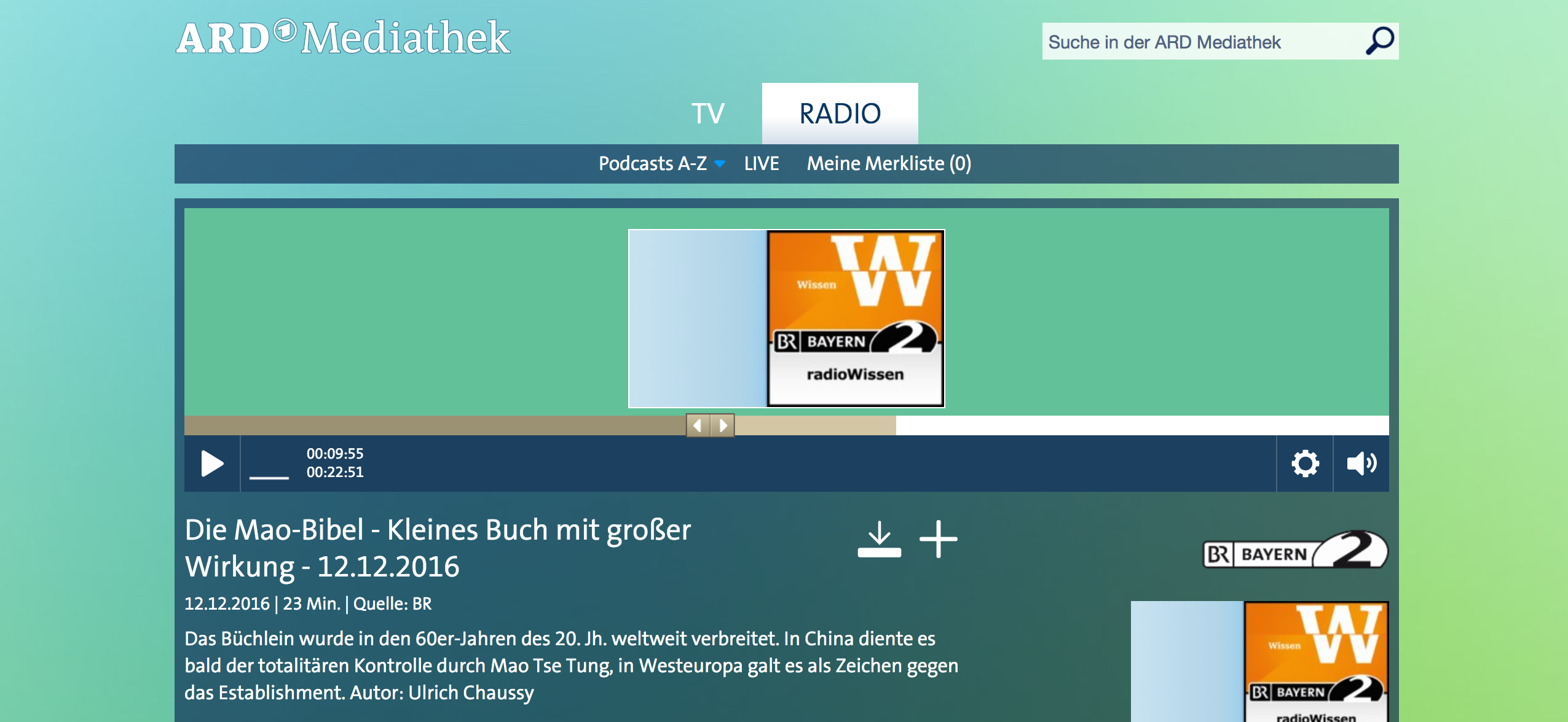 Screenshot der ARD Mediathek mit dem radioWissen-Feature "Die Mao-Bibel"