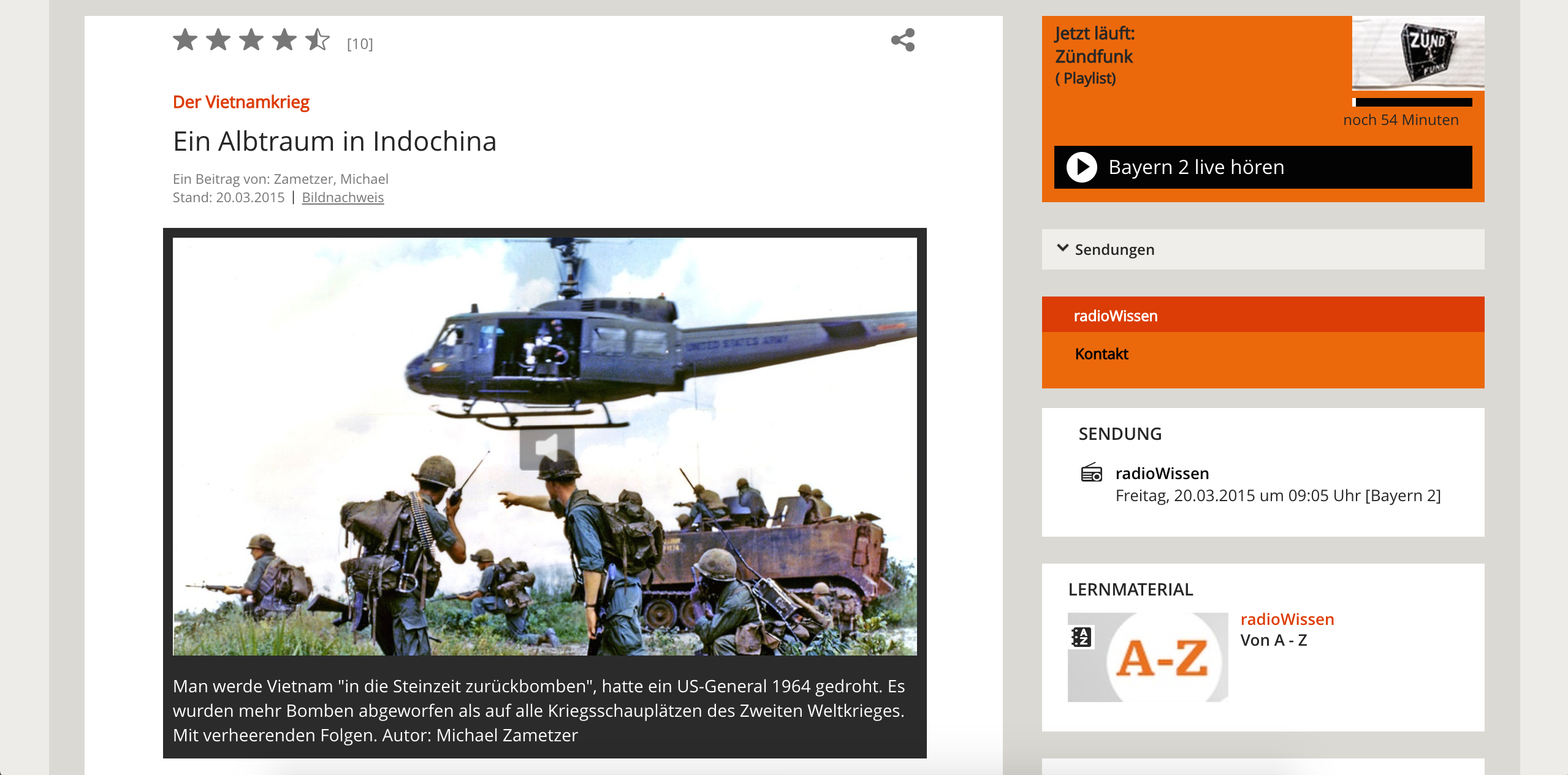 Screenshot der Sendungsseite des radioWissen-Features "Der Vietnamkrieg: Ein Albtraum in Indochina"