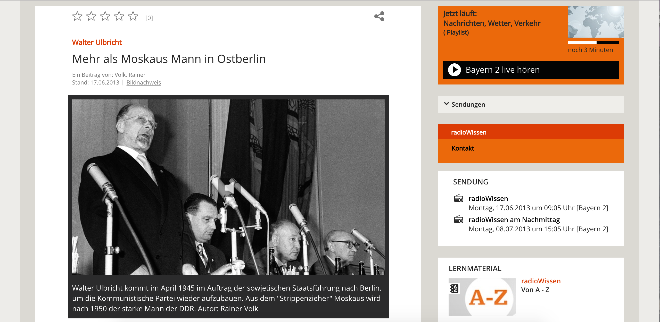Screenshot der Sendungsseite des Features "Walter Ulbricht: Mehr als Moskaus Mann in Ostberlin"