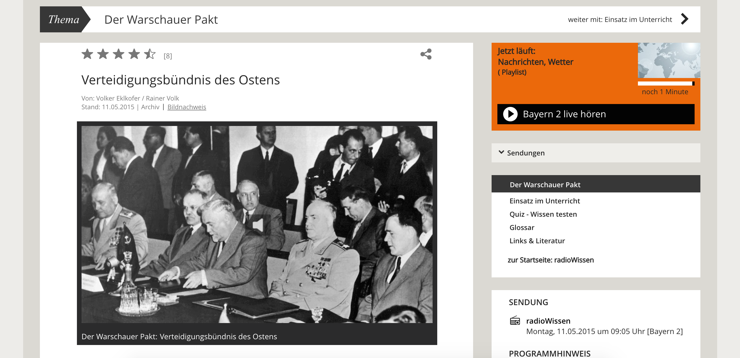 Screenshot der Sendungsseite des Features "Der Warschauer Pakt: Verteidigungsbündnis des Ostens"