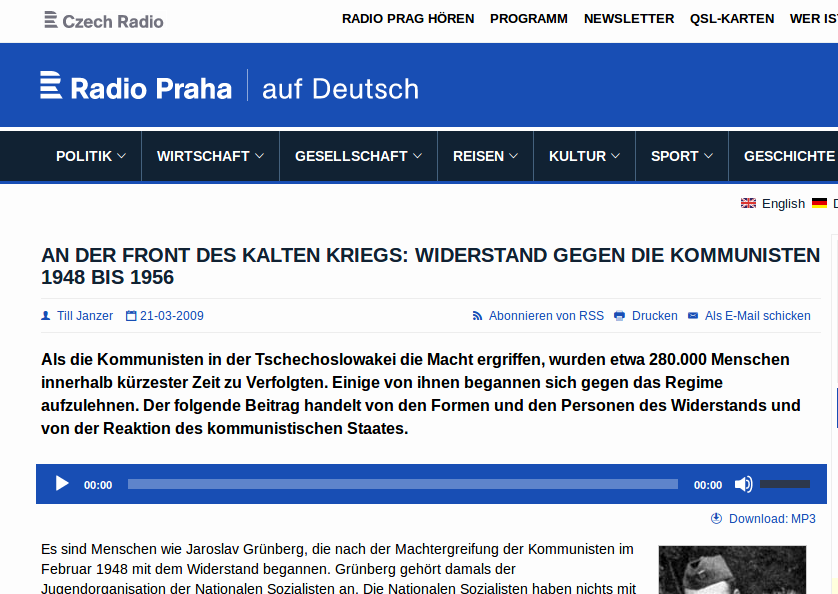Screenshot der Website von Radio Praha