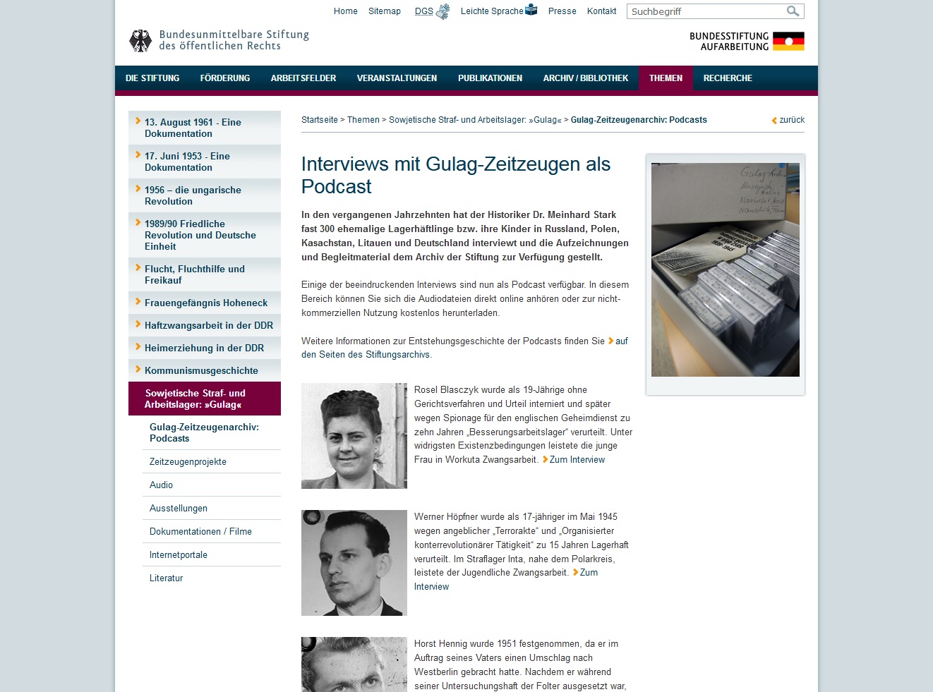 Screenshot des Gulag-Zeitzeugenarchivs