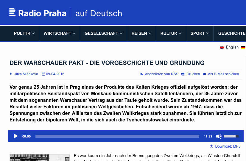 Screenshot der Website von Radio Praha