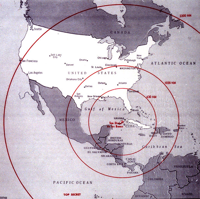 Reichweite der sowjetischen Raketen auf Kuba. Foto: CIA – The John F. Kennedy Presidential Library and Museum, Boston, gemeinfrei, Wikimedia Commons