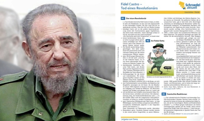 Revolutionsführer Fidel Castro (Wiki Commons) und das Arbeitsblatt "Fidel Castro – Tod eines Revolutionärs" für Politik und Geschichte im Schroedel Verlag (Screenshot)