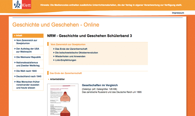 Geschichte und Geschehen Online: Vom Zarenreich zur Sowjetunion, Screenshot von der Website