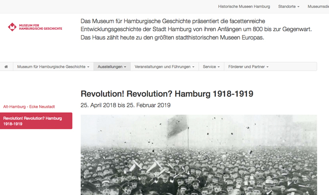 Revolution! Revolution? Hamburg 1918-1919: Ankündigung der Ausstellung im Museum für Hamburgische Geschichte, Screenshot von der Website
