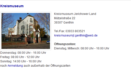 Der Ausstelllungsort im Kreismuseum Jerichower Land, Screenshot von www.lkjl.de