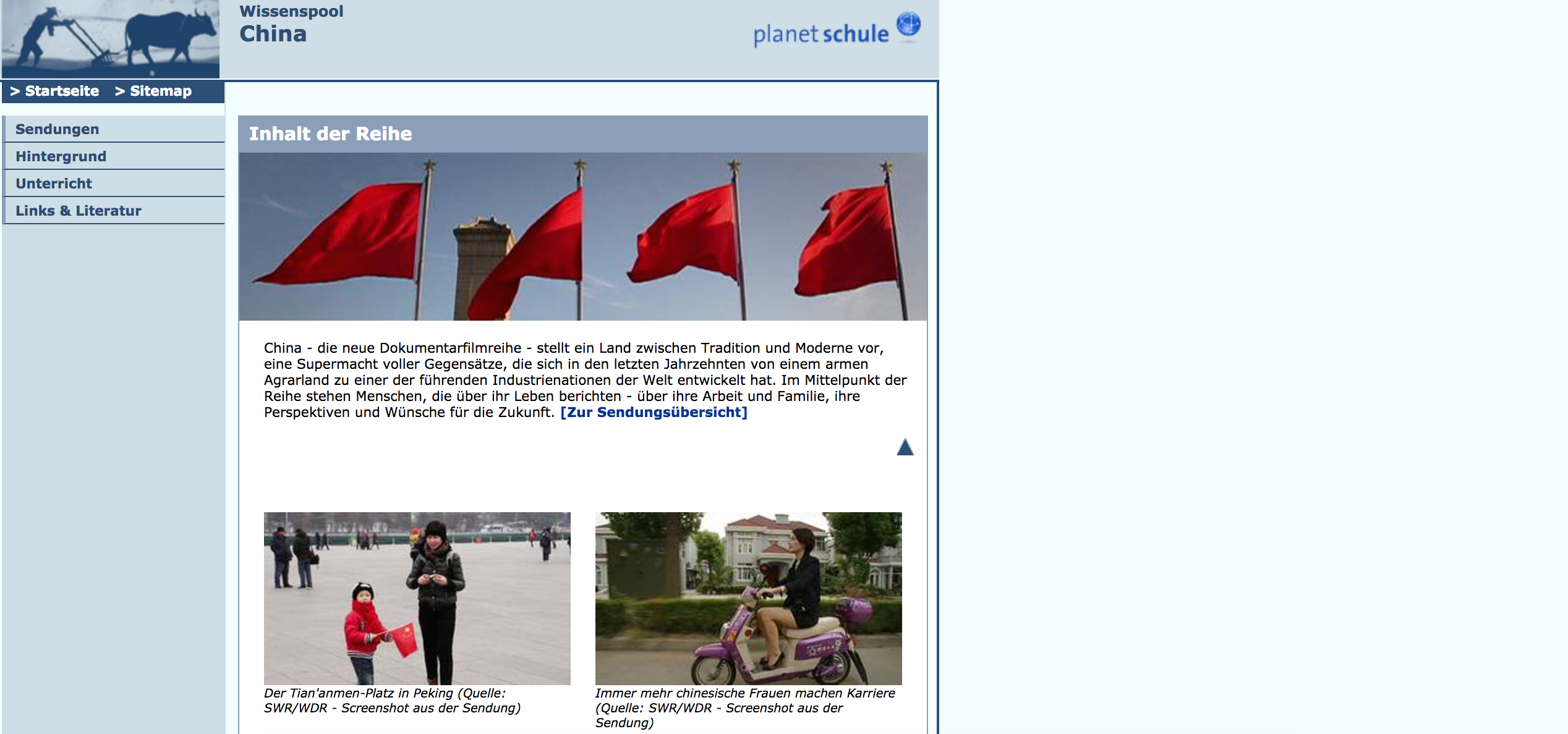 Screenshot des "Wissenspool China" auf der Website planet-schule.de