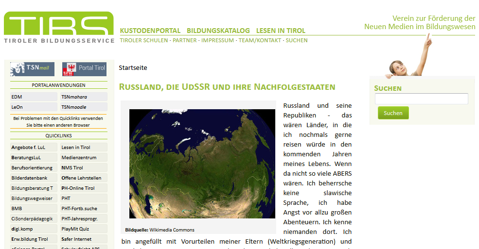 Seite "Russland, die UdSSR und ihre Nachfolgestaaten" des Tiroler Bildungsservice