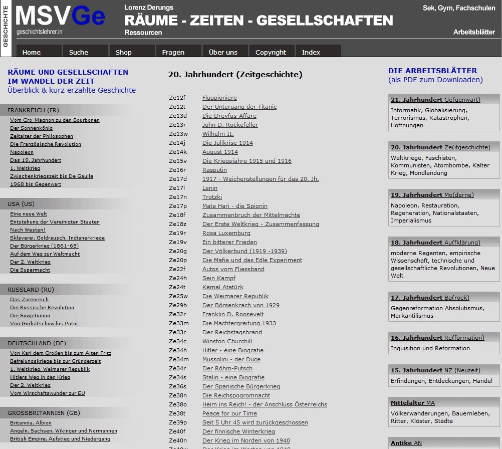 Screenshot geschichtslehrer.in Arbeitsblätter 20. Jahrhundert (Zeitgeschichte)