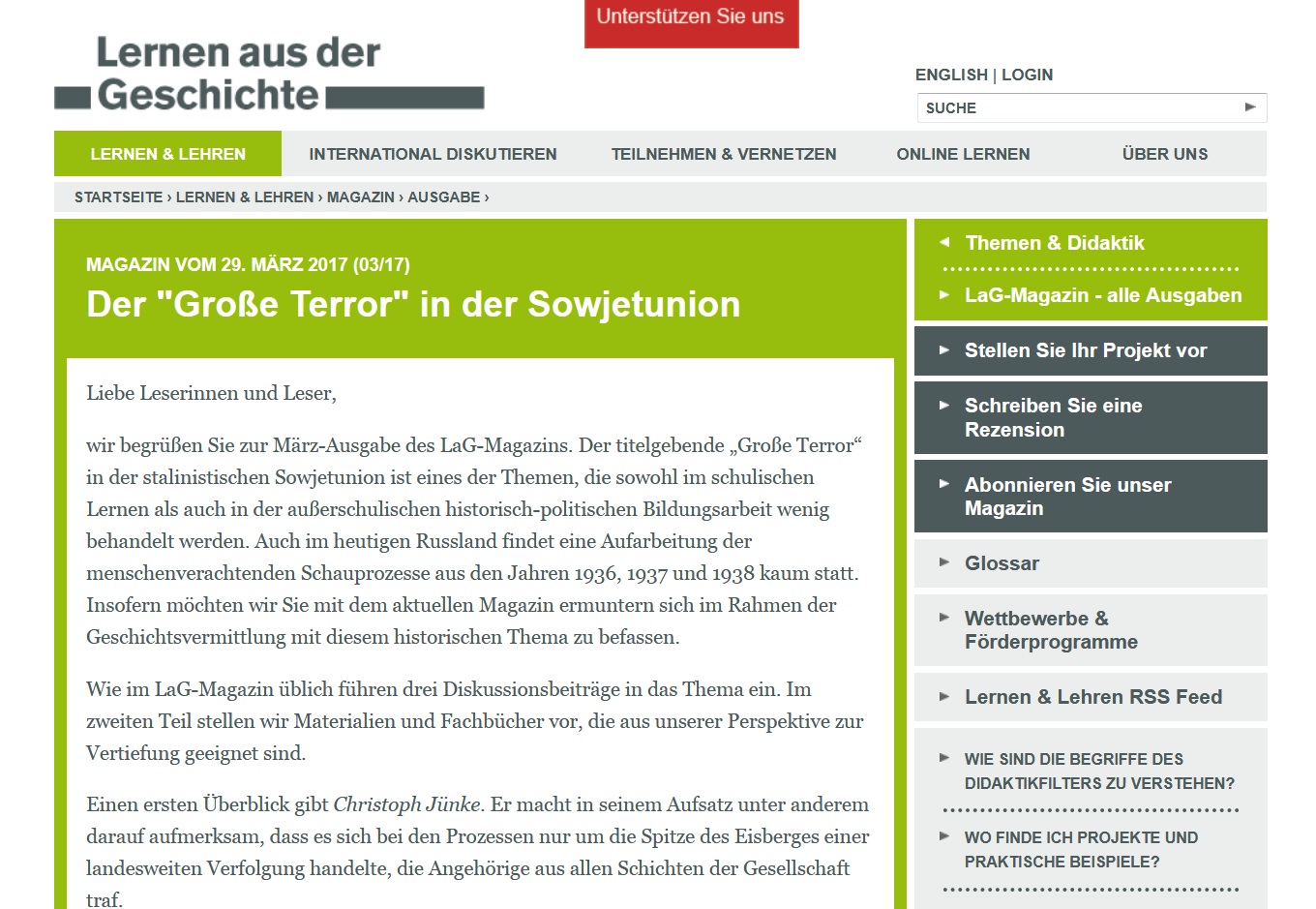 Screenshot des Webportals "Lernen aus der Geschichte"