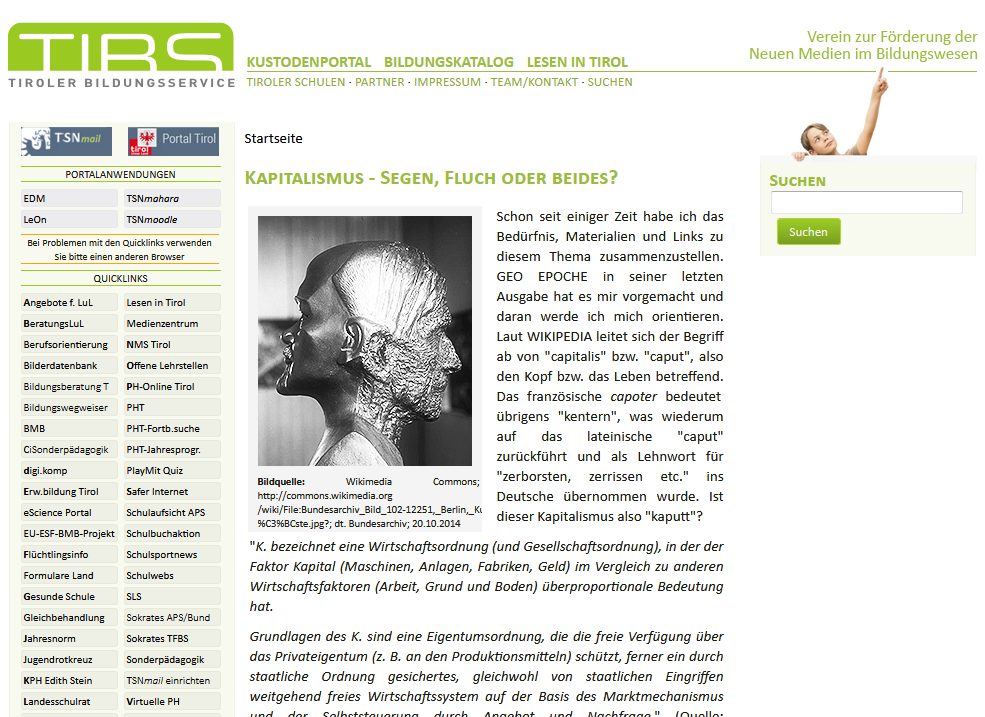 Seite "Kapitalismus - Segen, Fluch oder beides?" des Tiroler Bildungsservice