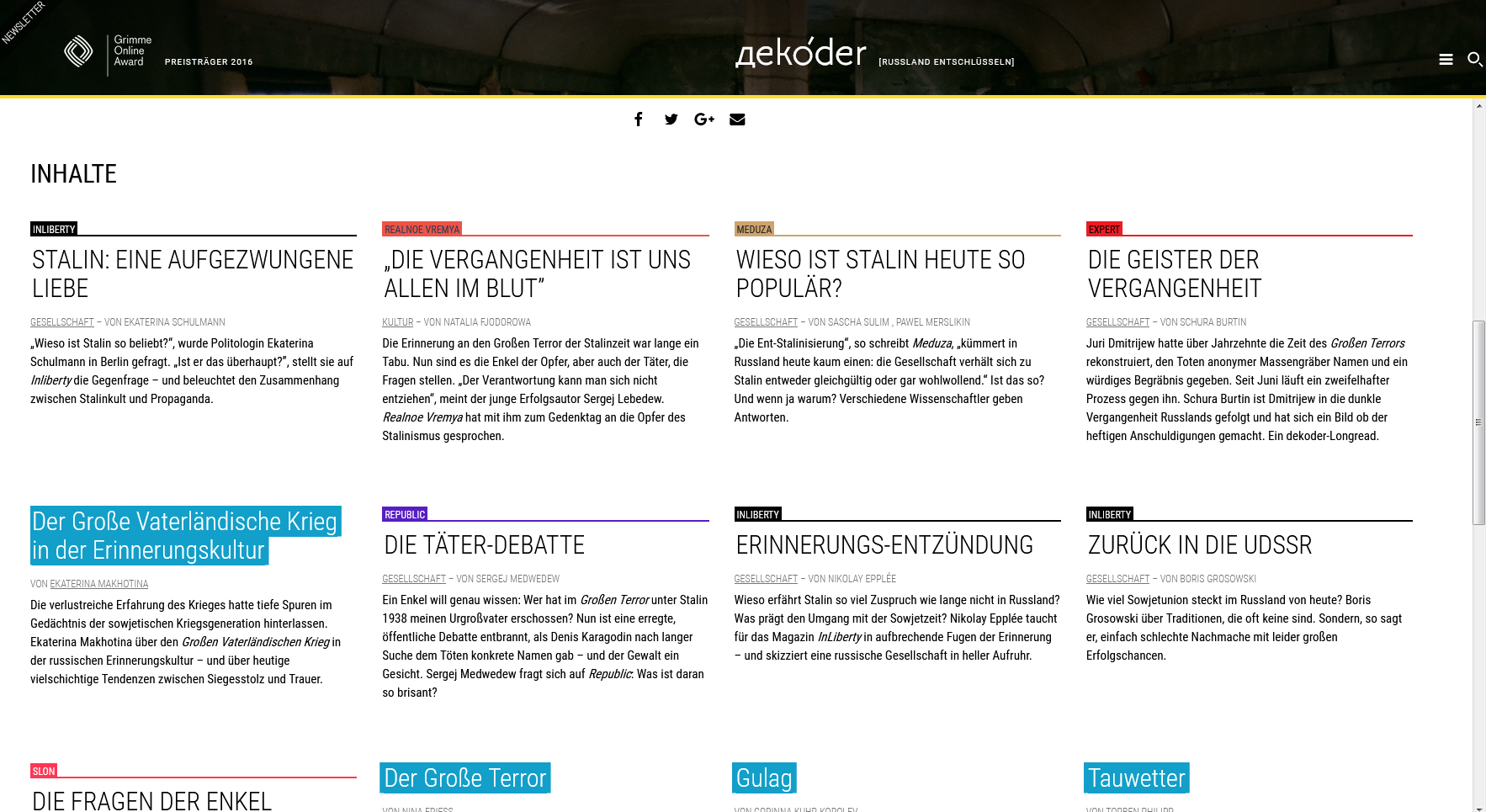 Screenshot von Startseite des Onlinedossiers auf dekoder.org: http://www.dekoder.org/de/dossier/stalinkult-entstalinisierung-aufarbeitung-erinnerungskultur