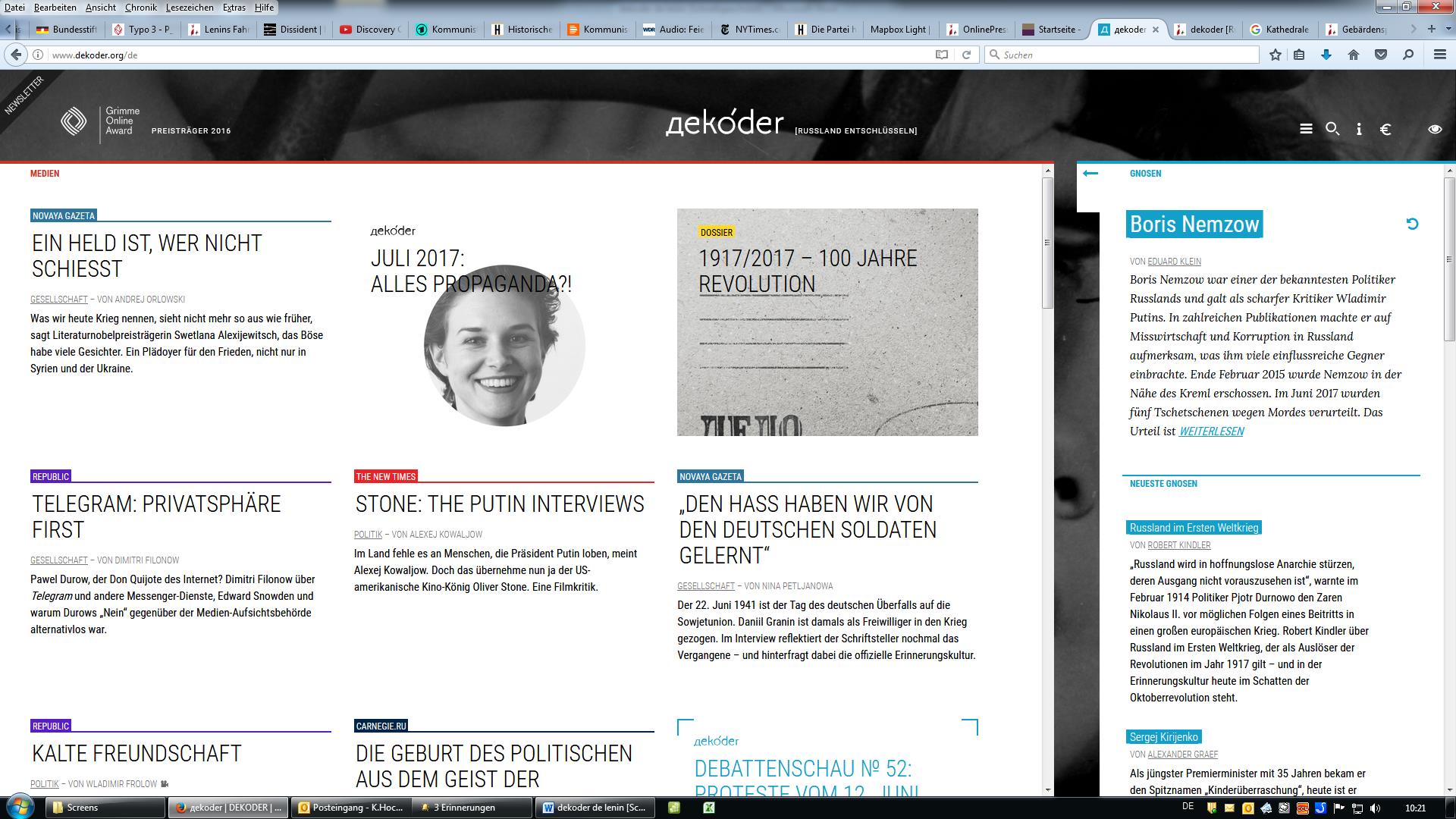 Screenshot der Website dekoder.org mit Onlinedossier zur Oktoberrevolution