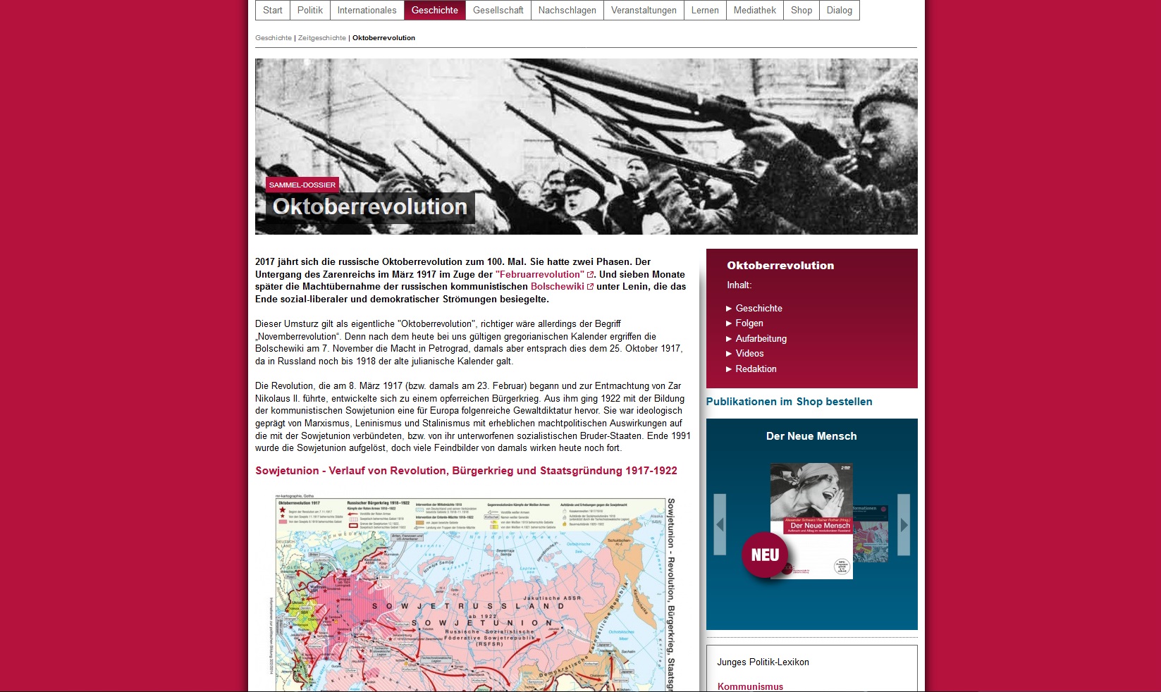 Screenshot des Sammel-Dossiers "Oktoberrevolution", Bundeszentrale für politische Bildung